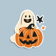 funny ghost with pumpkin, halloween celebration sticker, flat style illustration