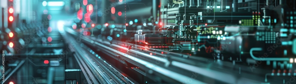 Poster futuristic technology circuit board with neon lights, representing high-tech engineering, innovation