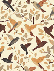 A colorful, illustrated pattern features autumn leaves and British birds on a cream background. nature-inspired designs.