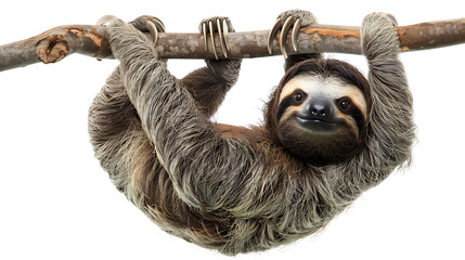Fototapeta premium A Sloth Hanging on a Tree Branch Isolated on a White Background, Showcasing Its Unique, Relaxed Posture and Grasping Talons, Capturing the Endearing and Slow-Moving Nature of This Arboreal Mammal
