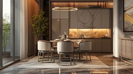 Modern dining room interior with a table and chairs, a kitchen counter and a cabinet in the background.