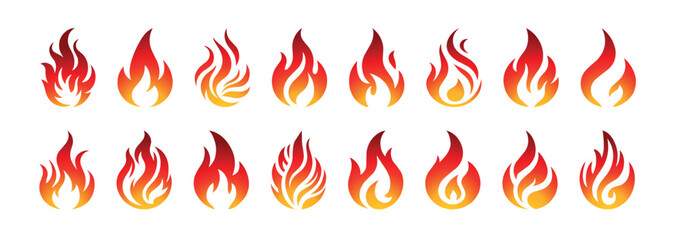Set of simple small flames vector icons. Symbol of burning fire flame collection isolated on white background.
