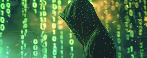 Hacker wearing hoodie surrounded by green digital code with matrix background, representing cyber security, hacking, and digital attack concepts.