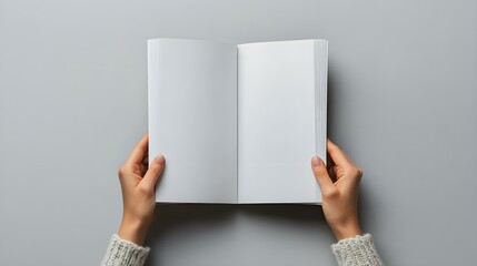 Minimalist Mockup: Elegant Female Hands Holding a Blank Magazine on a Clean Gray Background, Perfect for Branding and Design Presentations.