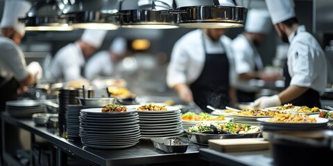 A vibrant kitchen with skilled chefs preparing exquisite dishes, demonstrating culinary expertise and teamwork, surrounded by equipment and organized plating, reflecting their commitment to quality