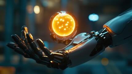 Naklejka premium Robotic Hand Holding Glowing Sphere