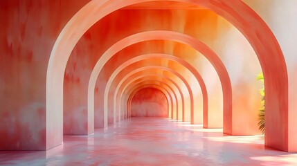 Obraz premium A long, narrow hallway with pink walls and a pink ceiling