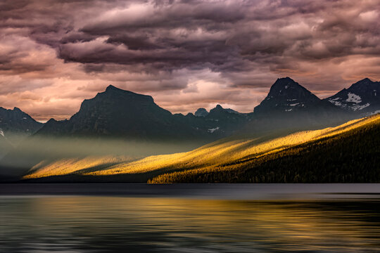 Lake McDonald at sunset in summer, Glacier National Park, Montana.