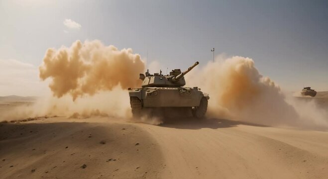 Military armored vehicle crosses minefields and smoke in the desert 4k animation