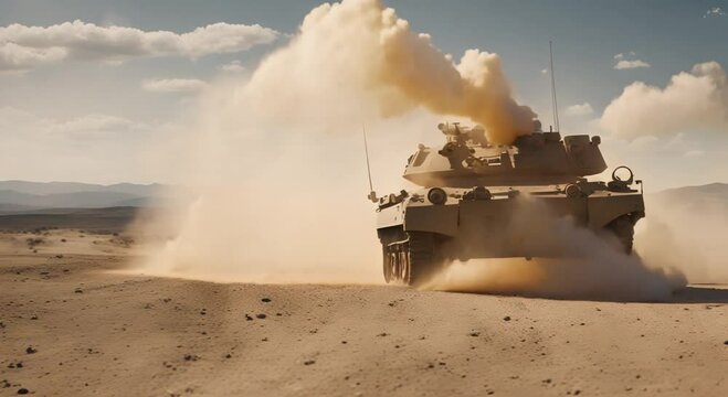 Military armored vehicle crosses minefields and smoke in the desert 4k animation