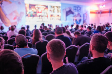 Attentive group of people sitting in a modern conference room watching presentation on stage