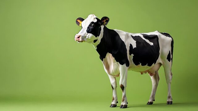 Standing Holstein Dairy Cow on Plain Green Background in Studio Light Photography