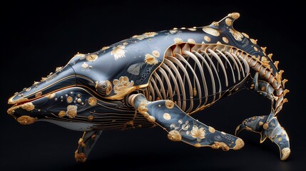 Whale skeleton made of gold and wood
