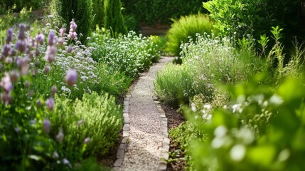 A stone path winds through a lush garden, bordered by vibrant green foliage and delicate wildflowers.