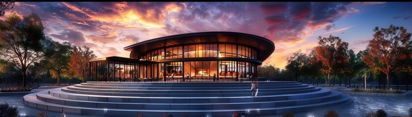 Obraz premium Outdoor amphitheater with tiered seating, Fantasy, Open, Watercolor, Highlighting public gatherings