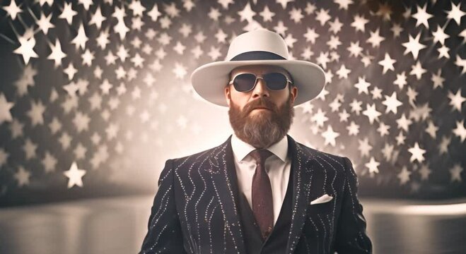 Bearded white male in suit and star patterned hat 4k animation