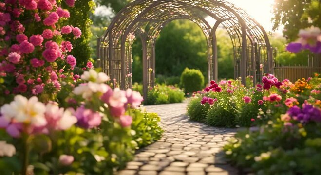 Flower garden with arched trellis colorful blossoms and paved path 4k animation