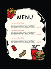 Simple black hand drawn menu template. Design for restaurant, cafe, fast food. Vector illustration of burger, fries, hot dog, cola