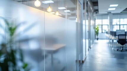 Modern, open office space with frosted glass dividers, natural light, and contemporary design. Professional work environment and decor.