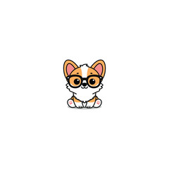 Cute corgi puppy with glasses sitting cartoon, vector illustration