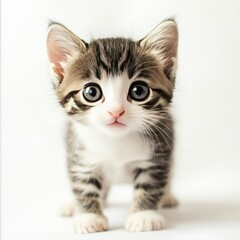 Adorable tabby kitten with big blue eyes looking directly at the camera.