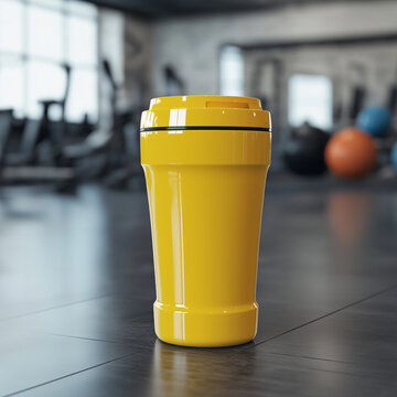 Mockup of glossy tumbler mug, plastic water sipper bottle, thermos flask stainless steel and silicon bottles behind it professional background
