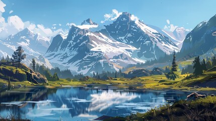 Fototapeta premium pond near snow capped mountain at daytime