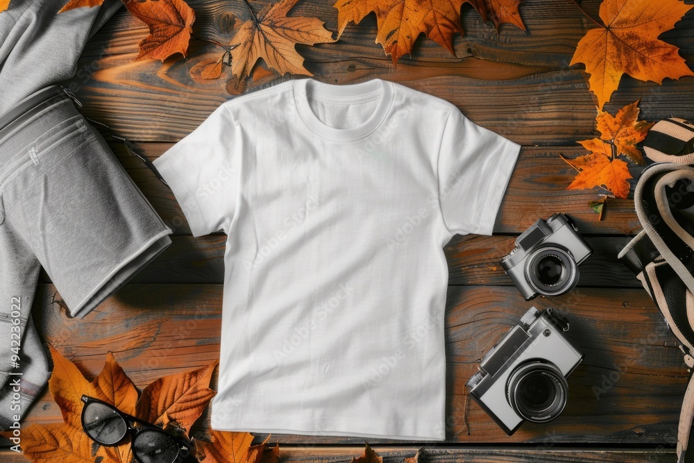 Poster a simple white t-shirt sits on top of a wooden table, ready for use or display