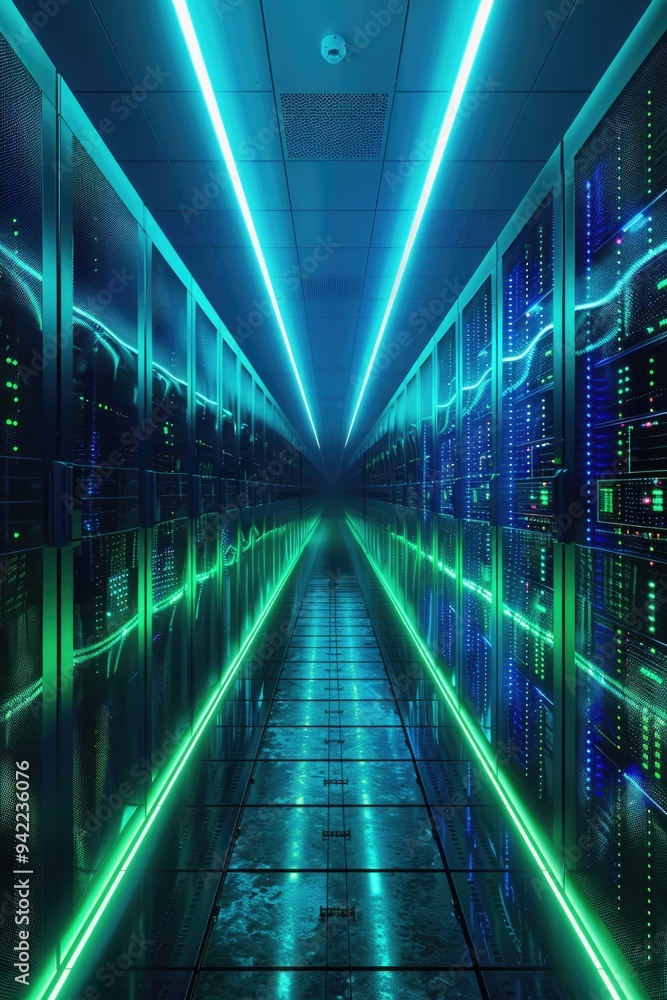 Poster A row of servers in a data center, suitable for use in IT or technology-related contexts