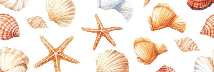 This detailed watercolor of seashells and starfish is perfect for beachthemed decor, evoking calming vibes and relaxation, reminiscent of a joyful seaside experience with peaceful waves