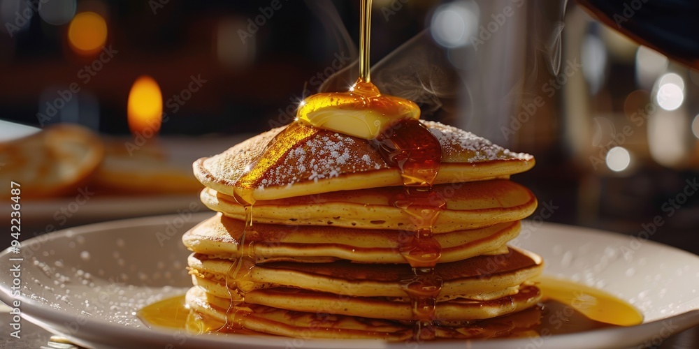 Poster stack of tasty pancakes topped with melting butter and drizzled with maple syrup