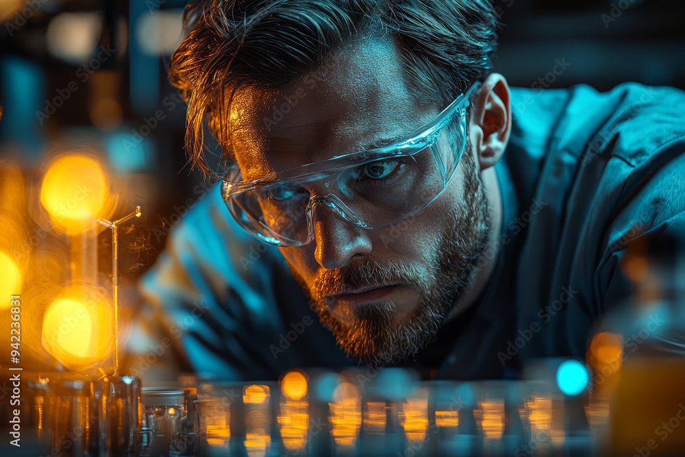Poster an engineer testing a new material in a lab, noting its properties. concept of material science and 