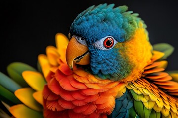 Obraz premium Beautiful birds with vibrant plumage captured in a close-up photo, showcasing their intricate feather details