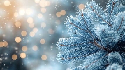 Frost-covered pine branches glistening in soft winter light with falling snowflakes