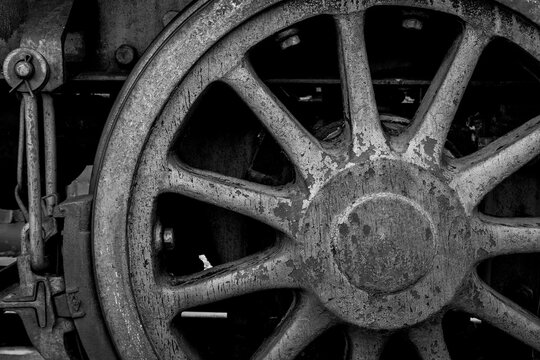 USA, Nevada, Ely. Black and white of train wheel. 