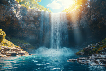 A waterfall cascading down a steep cliff into a river below, showcasing nature's power. Concept of Earth's water cycles and geographical features.