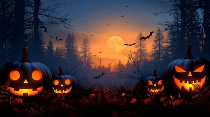 A forest with a full moon and bats flying in the background