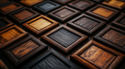 Fototapeta premium An artistic arrangement of dark wooden blocks with varying textures and patterns.Backdrop