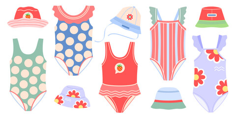 Set of kids swimming one-piece swimsuits and sun hats. Vector cute illustration of beachwear and summer hats for girls on white isolated background in flat style.