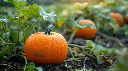 A close-up of a pumpkin in a garden, glistening with raindrops among green vines.