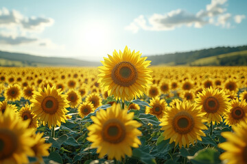 Obraz premium A sunflower field under a clear sky, with each bloom facing the sun. Concept of Earth's flora and the cycle of life.