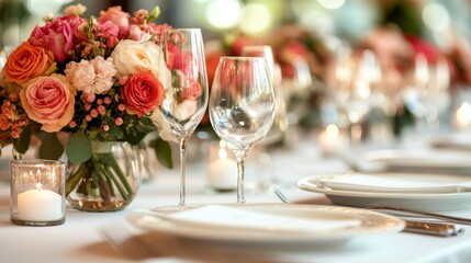 Elegant floral arrangement graces a beautifully set dining table at an outdoor celebration
