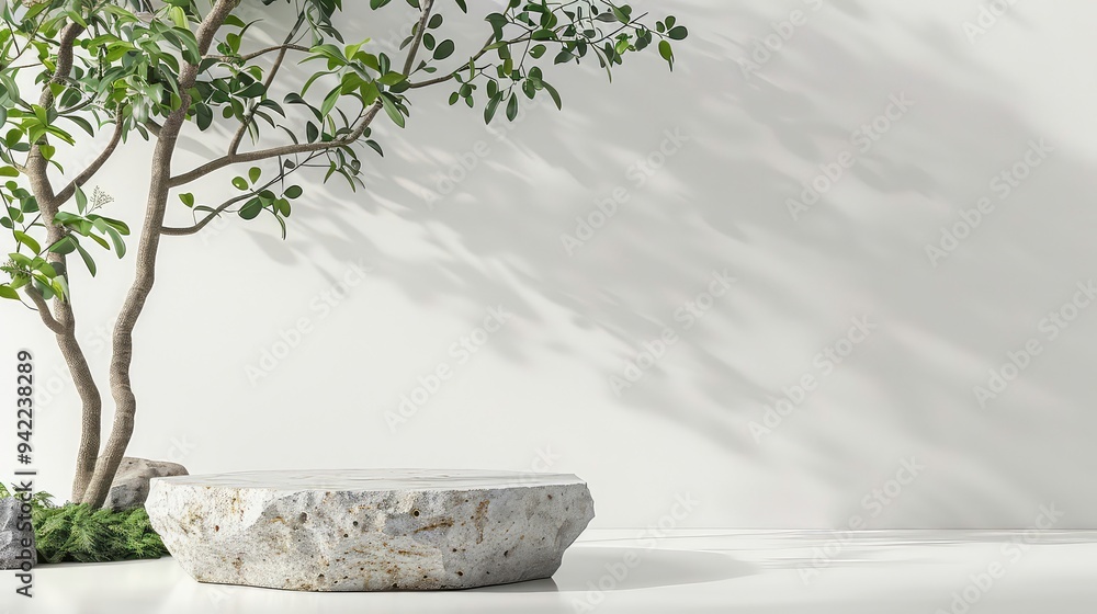Poster a single round stone podium on a white background with a tree and rocks on the left.