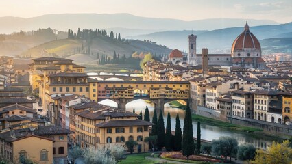 Obraz premium A serene overview of Florence, Italy, features iconic Duomo with its terracotta dome and historic Ponte Vecchio over Arno River.jpeg