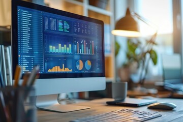 Naklejka premium A computer monitor sitting on a wooden desk, ideal for office or home use