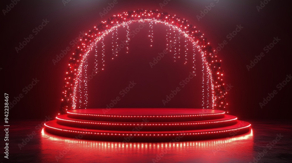 Poster vibrant red circular display with glowing lights against a festive background in a dim setting