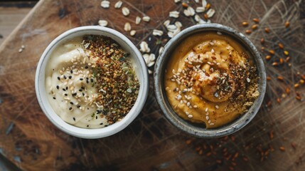 two sauces topped with seeds
