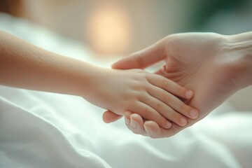 A child's hand holding the mother's hand in a hospital setting,...