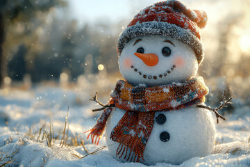A snowman wearing a scarf and hat, standing proudly in a snow-covered yard. Concept of winter fun and Christmas traditions.