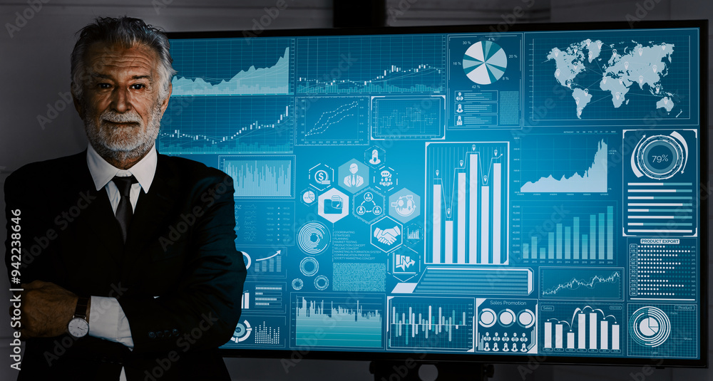 Poster data analysis for business and finance concept. interface showing future computer technology of prof